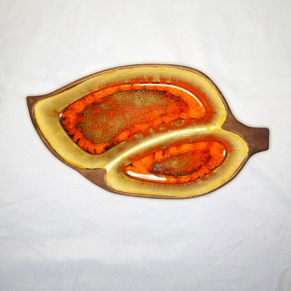 Vtg MCM Cal Style USA 2268 Pottery Split Candy Nut Dish Bowl Leaf Orange Brown